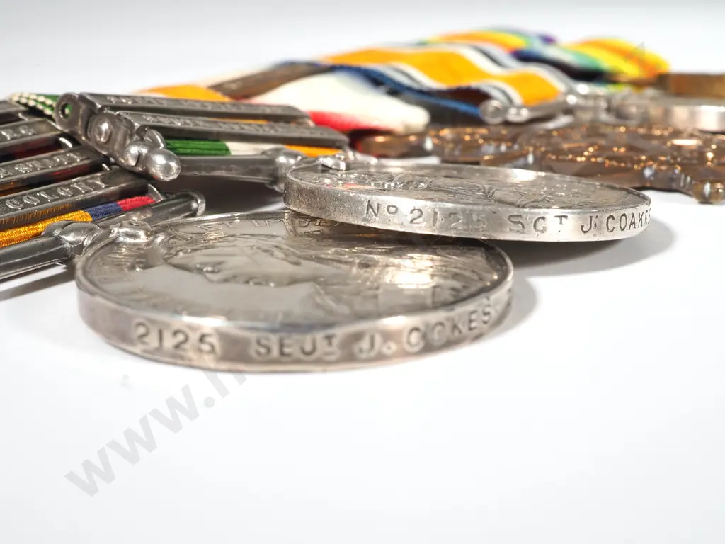 English Boer War / WW1 MID Mons Star Group of 5 to Sjt J Coakes & Cap Badge on Original Silks Image 1++