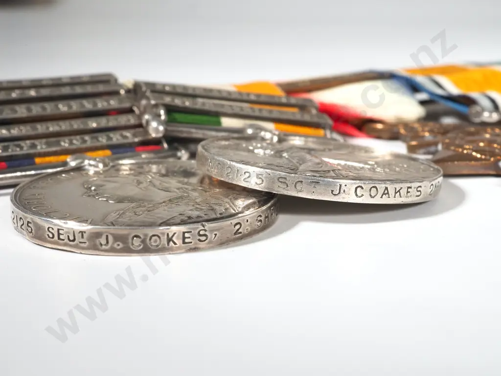 English Boer War / WW1 MID Mons Star Group of 5 to Sjt J Coakes & Cap Badge on Original Silks Image 1++