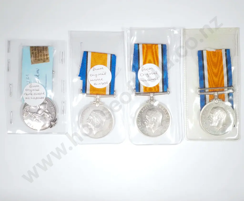 Four WWI British War Medals. Medals - Two Unnamed, One Name Erased, One No Suspender. Image 1++