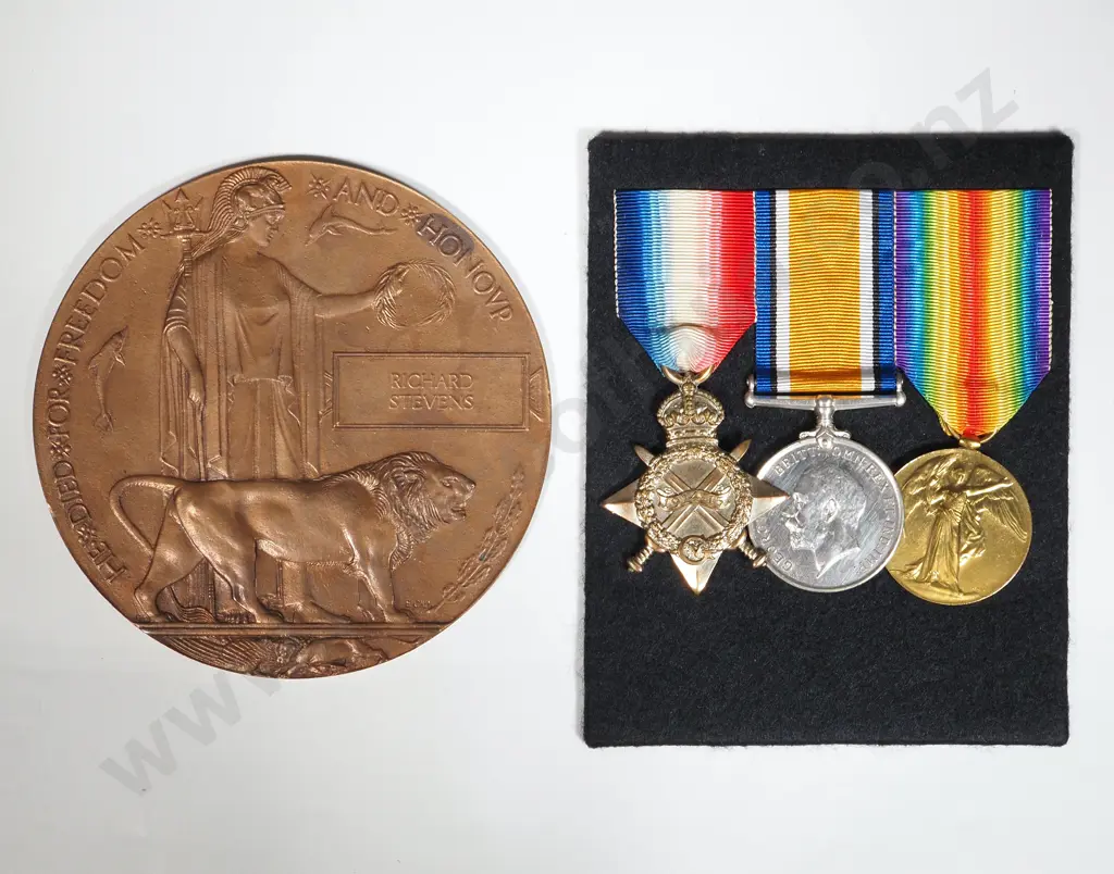 WWI Medal Trio 6/1989 Pte. R. Stevens NZEF. KIA. & Memorial Plaque - Named Richard Stevens.. Image 1++