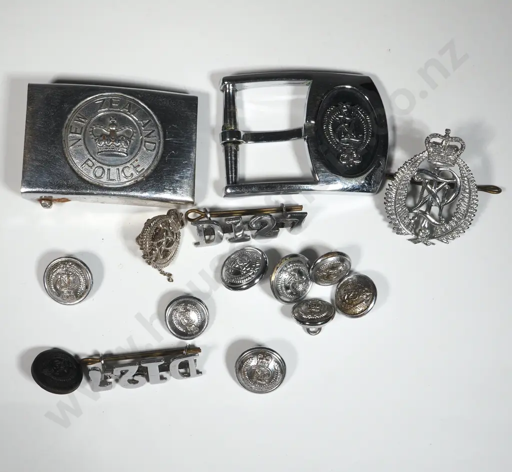 Two NZ Police Belt Buckles, One Cap Badge, ID Numbers & Buttons. Image 1++
