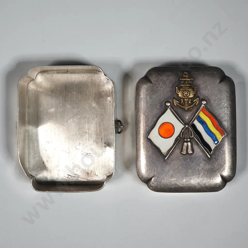 Japanese Naval Crested Flagged Pill Box - Ornate Silver Work Image 1++
