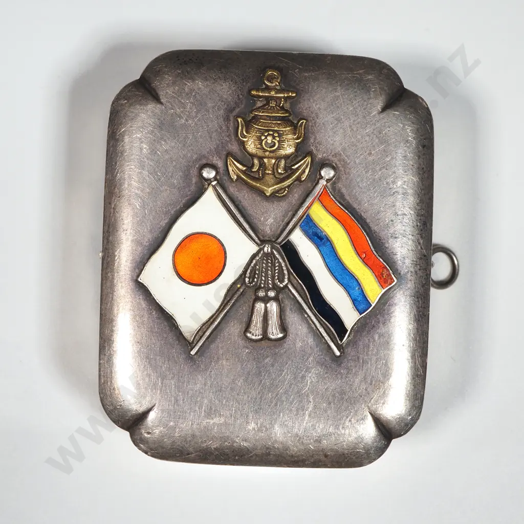 Japanese Naval Crested Flagged Pill Box - Ornate Silver Work Image 1++