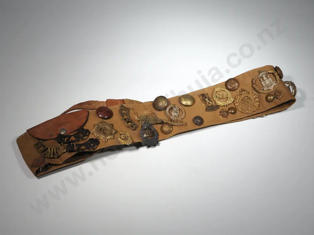 Canvas Belt w Numerous Military Badges & Buttons. Image 1++