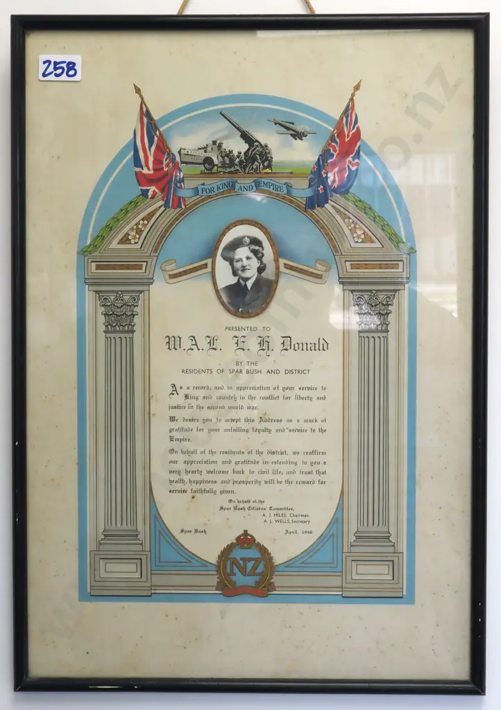 World War II Certificate Of Appreciation From The Residents Of Spa Bush & District To E H Donald  Image 1++