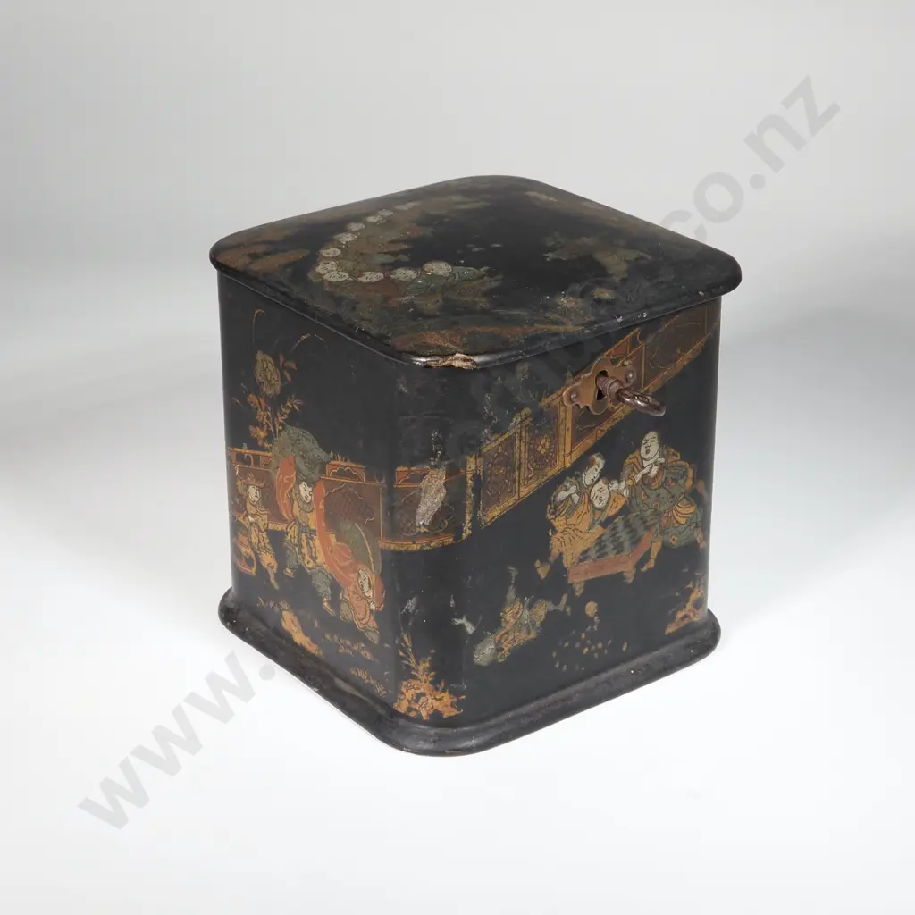 Chinoiserie   Papier Mache Tea  Caddy, Victorian 19th Century Tin Foil Lined. With Key Image 1++