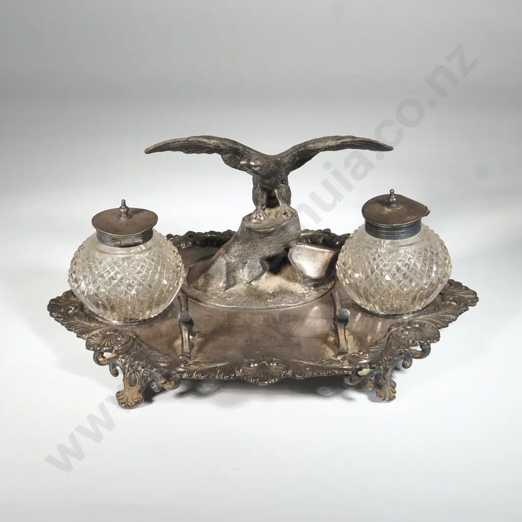 Silver Plate Desk Set Or Standish Depicting An Eagle Sitting On Rocks. Complete with Inkwells Image 1++