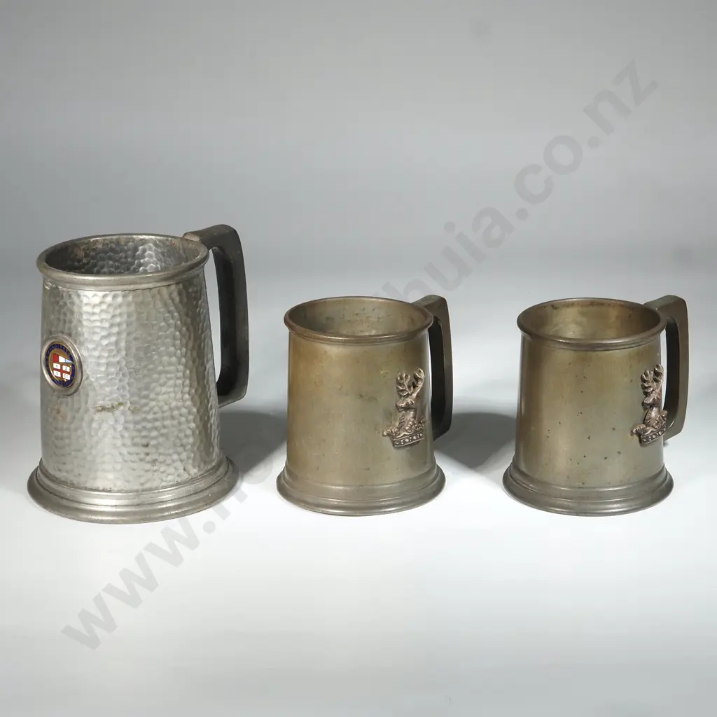 Three Pewter Mugs -Two Matching With Applied Deers' Heads & A Beaten Pewter Mug Souvenir From The RMS Rangitoto Image 1++