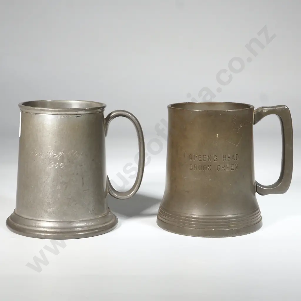 Two Glass Bottomed Half Pint Pewter Mugs. One From the "Queen's Head, Brook Green" & Marked GR 28 Image 1++