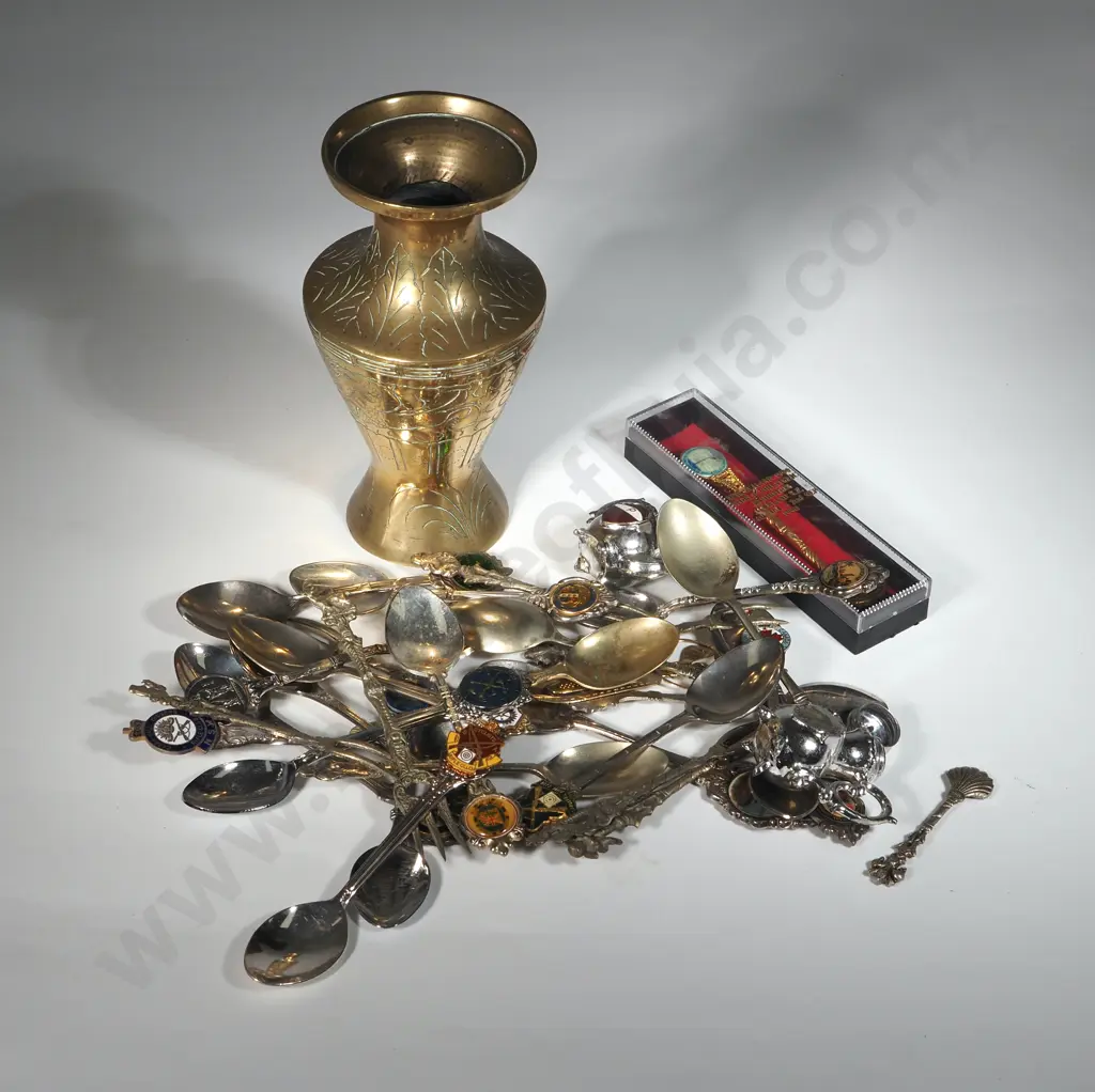 Oriental Vase, Collection Of Souvenir Spoons & A Pair Of Serving Tongs Image 1++
