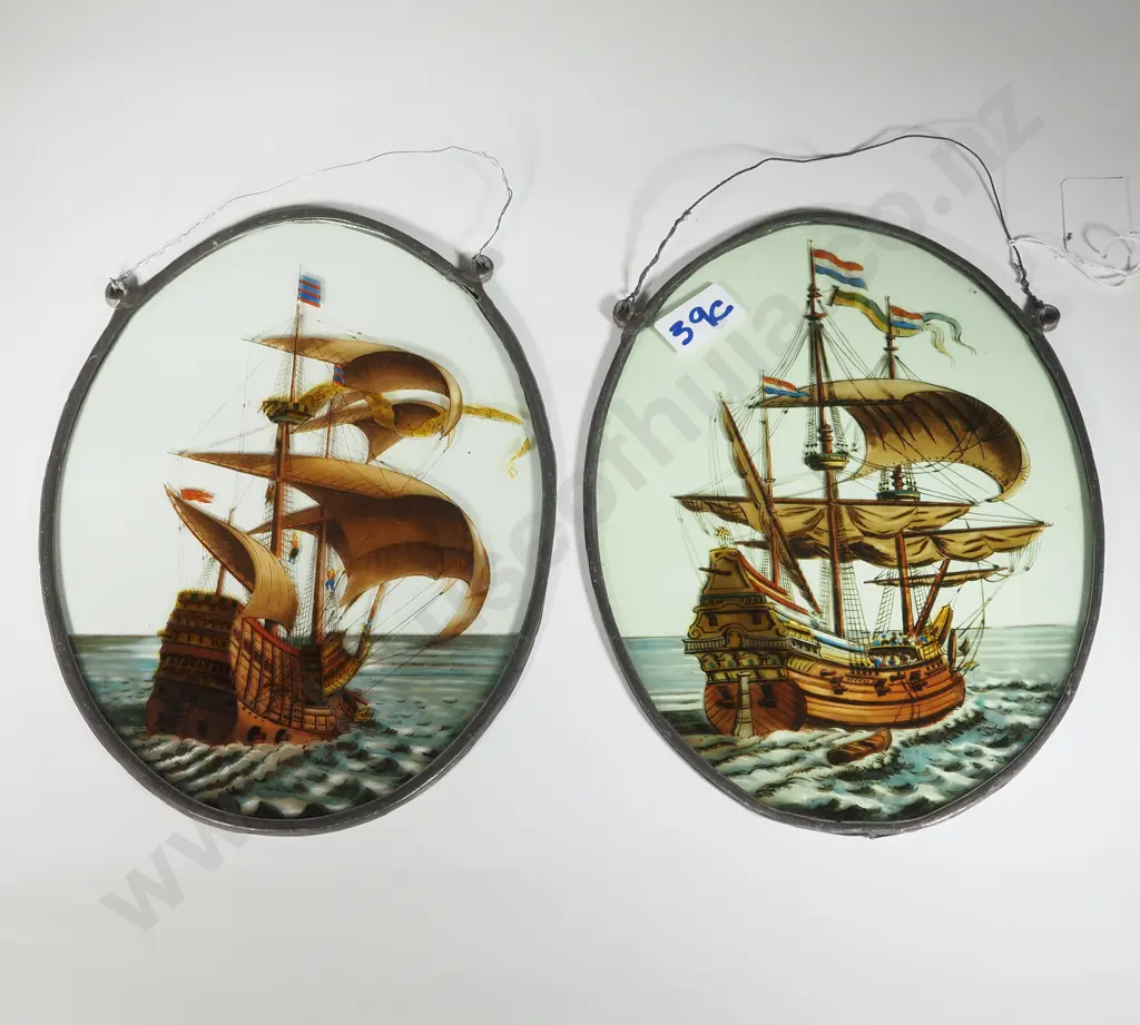 Pair of Reverse Painted Oval Glass Panels of Sailing Ships Set in a Lead Frame Image 1++