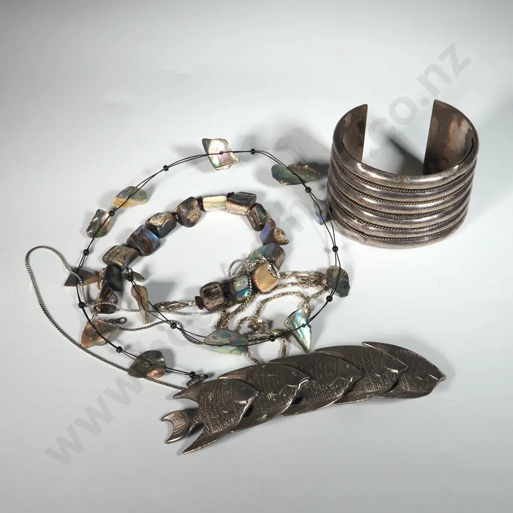 Paua Shell Jewellery, Fish Hair Clip & Sterling Silver Chain & A Cuff Bracelet  Image 1++