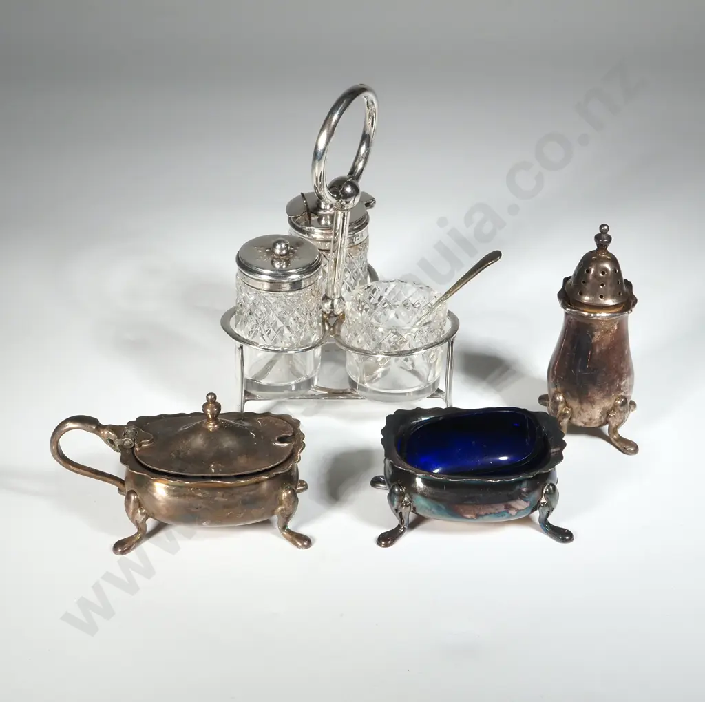 Silver Plated Cruet Set With Blue Glass Liners & A Glass & Silver Plate Cruet Set  Image 1++