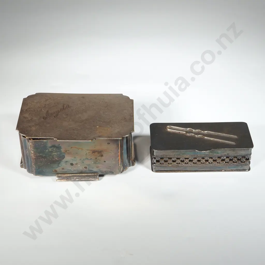 Art Deco Silver Plated Trinket Box Engraved Angela & A Silver Plated Dressing Table Box For Hair Clips Image 1++