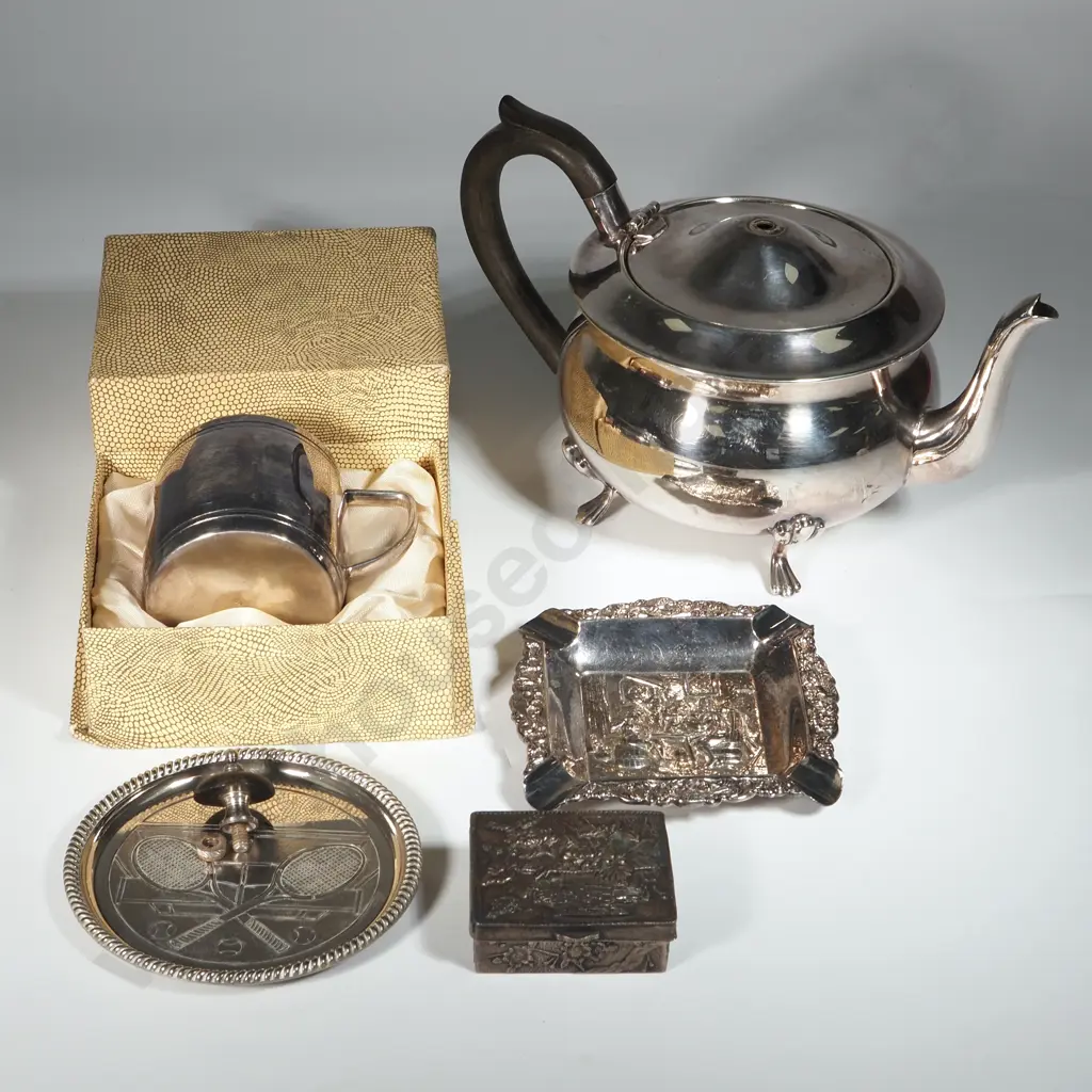 Silver Plated Tea Pot, Boxed EPNS Christening Mug, A Wimbleton Tennis Coaster & A Small Oriental Box Image 1++