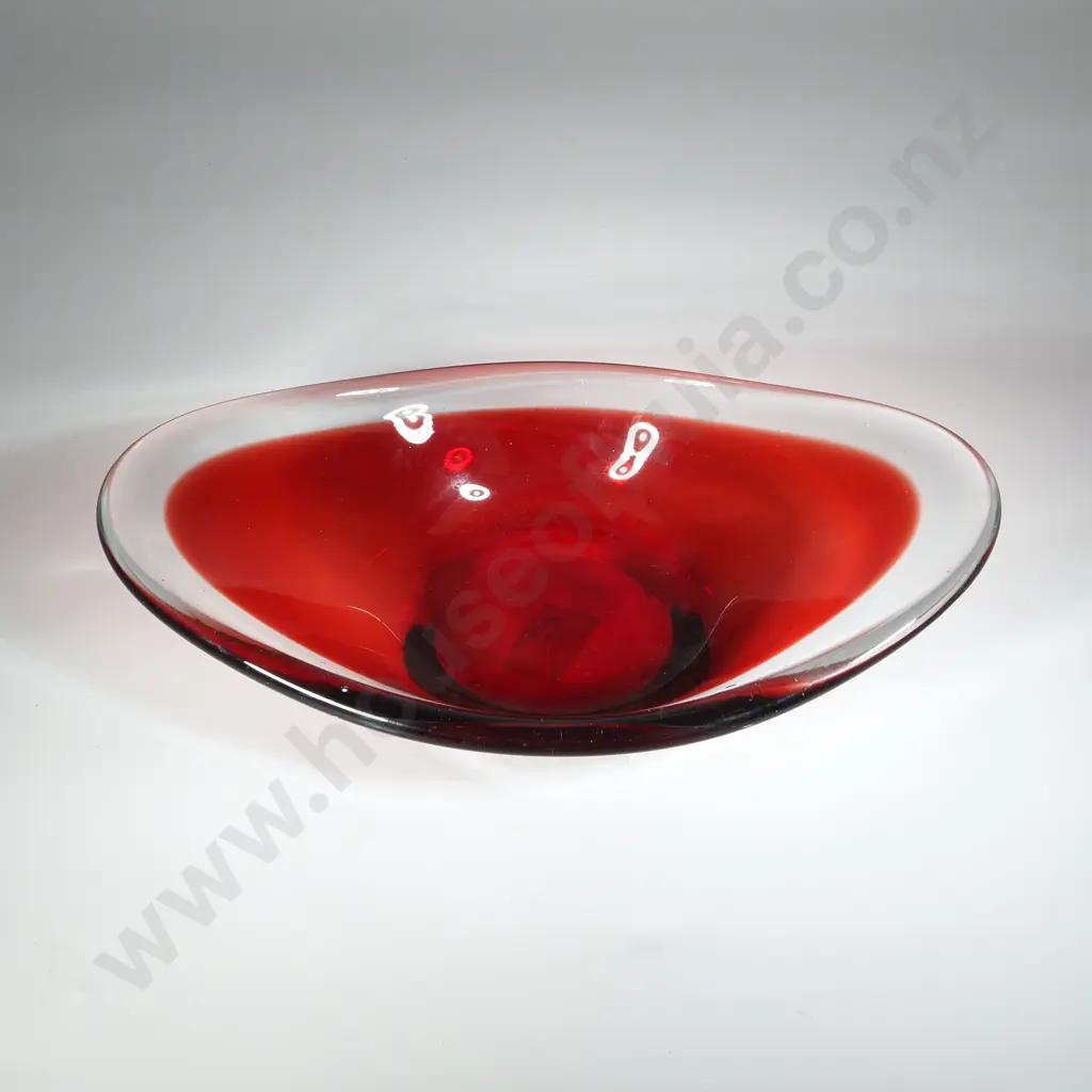 Orrefors (Sven Palmquist) Art Glass - Vintage Oval Two Toned Bowl Red Base & Side w Clear Glass Rim. Image 1++