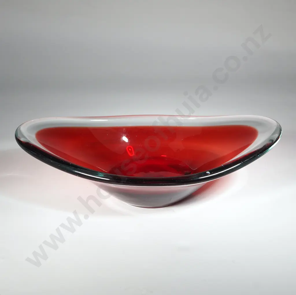 Orrefors (Sven Palmquist) Art Glass - Vintage Oval Two Toned Bowl Red Base & Side w Clear Glass Rim. Image 1++