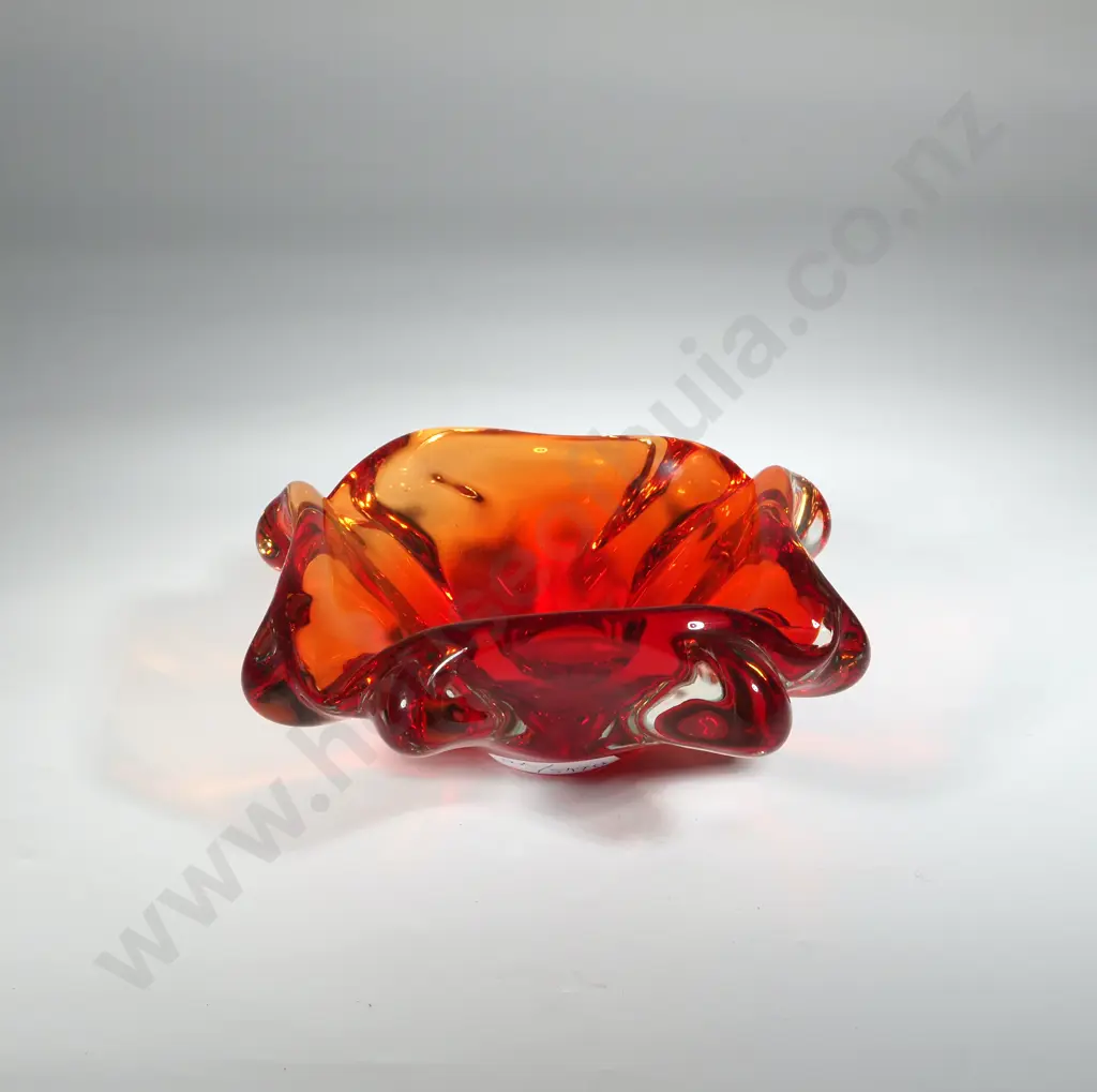 Murano Art Glass - Vintage Two Toned Bowl/Ashtray Red/Orange/Clear Glass. Image 1++