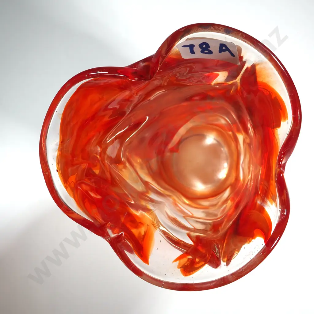 Orange & Clear Glass Swirl Art Glass Vase with Scalloped Rim  Image 1++