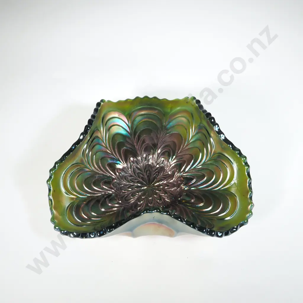 Mid Century Fenton Green Toned Carnival Glass Bowl in Peacock Pattern. Image 1++