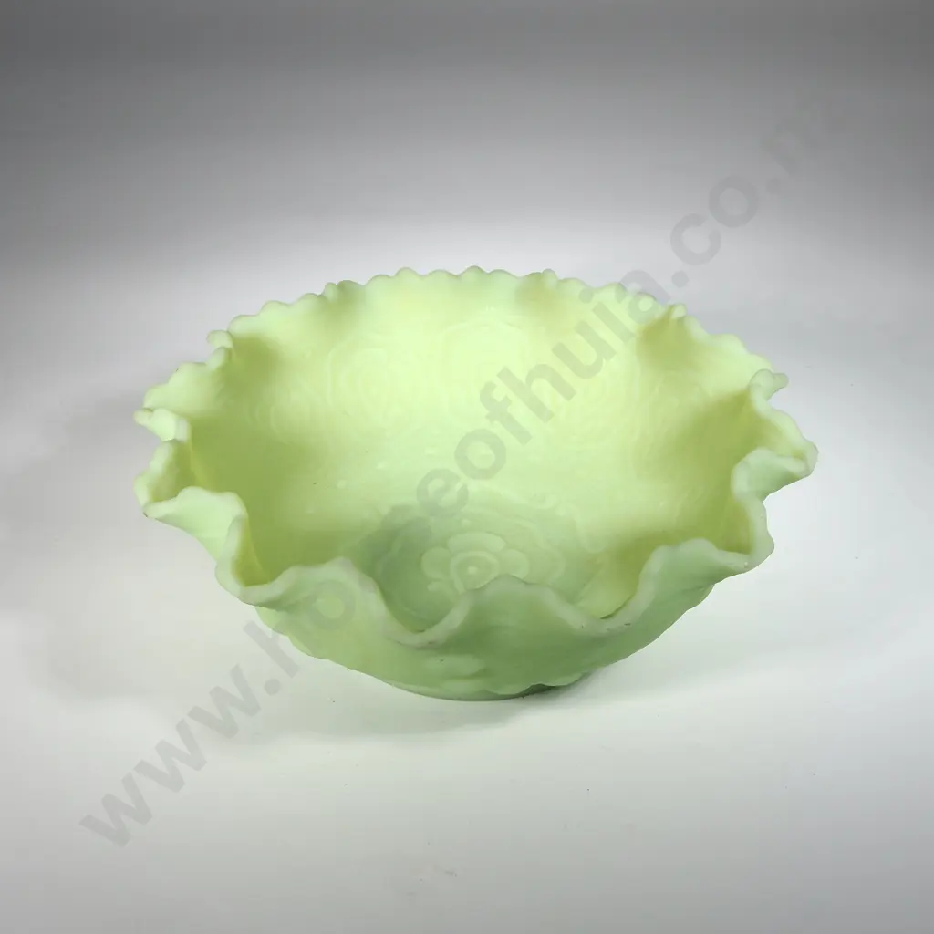 Mid-Century Fenton Uranium Glass Lime/Custard Satin Ruffled Bowl in Persian Medallion Pattern Image 1++