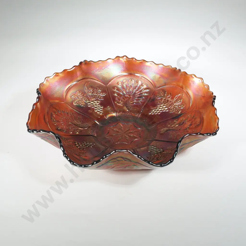 Mid Century Fenton Orange Toned Carnival Glass Bowl in Peacock & Grape Pattern. Image 1++