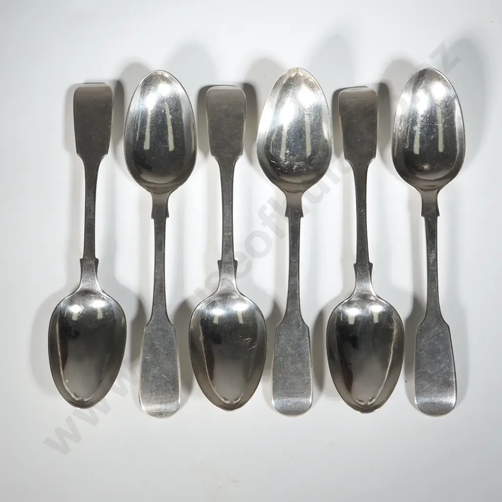 Set Of Six Sterling Silver Fiddle Pattern Dessert Spoons. Maker Henry Holland. London 1865 Image 1++