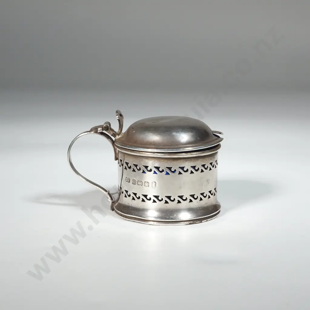 Sterling Silver Mustard Pot with Pierced Decoration & Blue Glass Liner. Birm 1935. William Suckling Ltd Image 1++