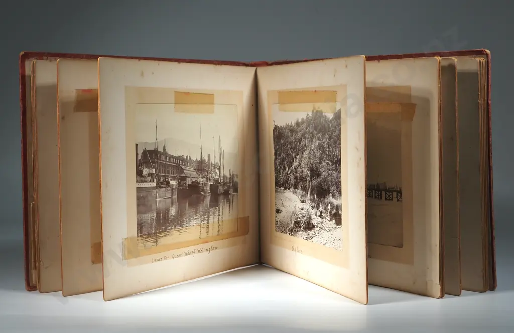 Vintage Album Containing A Collection Of Early NZ Photographs Including Wharf & Ferry Days Bay Wellington, Onstow Quay, Image 1++