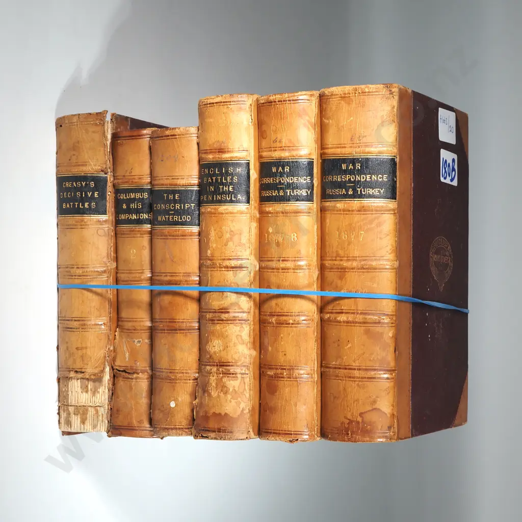 Six Antique Leather Bound Books - English Battles In The Peninsula, The Conscript, Waterloo, Colombus & His Companions Image 1++