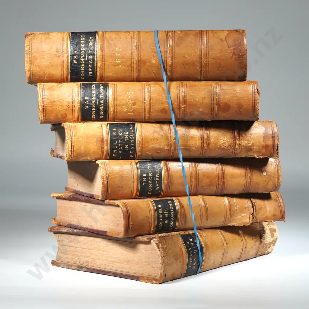Six Antique Leather Bound Books - English Battles In The Peninsula, The Conscript, Waterloo, Colombus & His Companions Image 1++