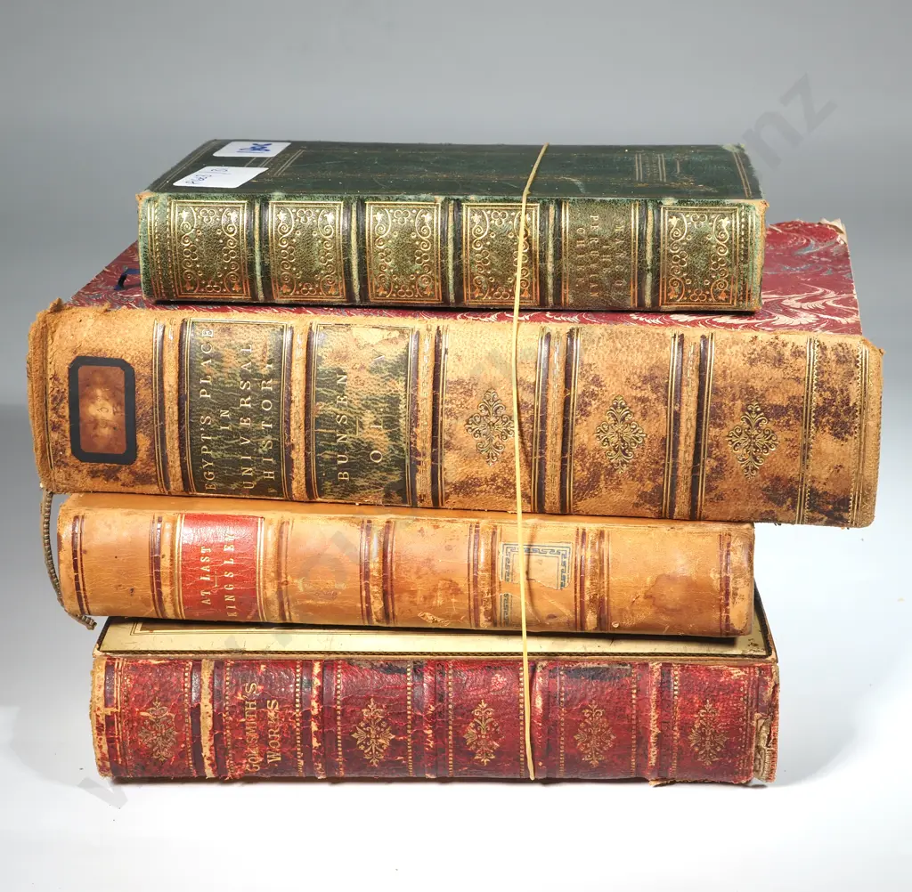 Four Leather Bound Books -Egypts Place In Universal HIstory,Goldsmith's Works, Manco The Peruvian Chief, At Last; Image 1++