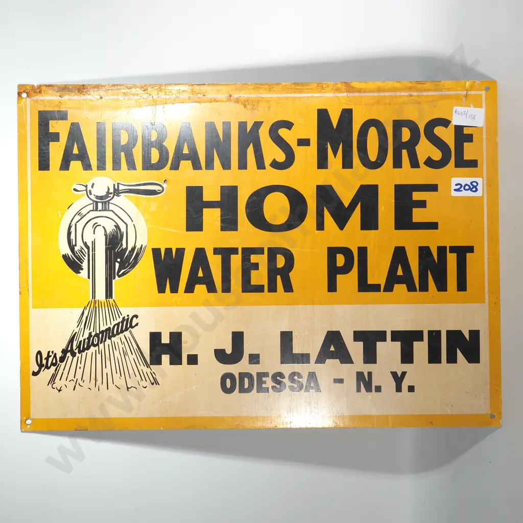 Vintage Fairbanks-Morse Home Water Plant H. J. Lattin Odessa NY Schuyler Co Metal Sign Image 1++