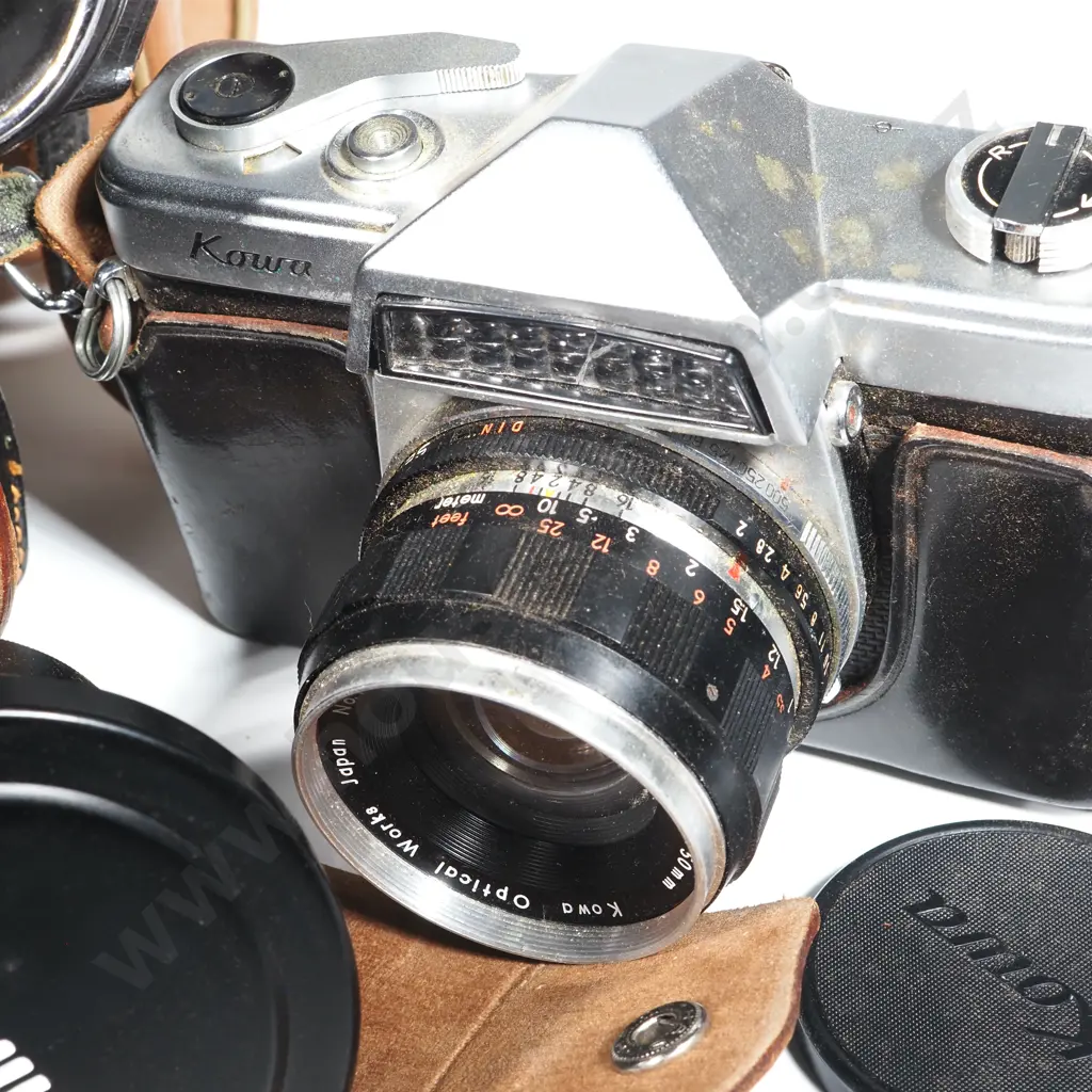 Camera Bag Containing Kowa Model E f/2 50mm Lens Rangefinder 35mm Film Camera W/ Original Box & Case & Two Lens Image 1++