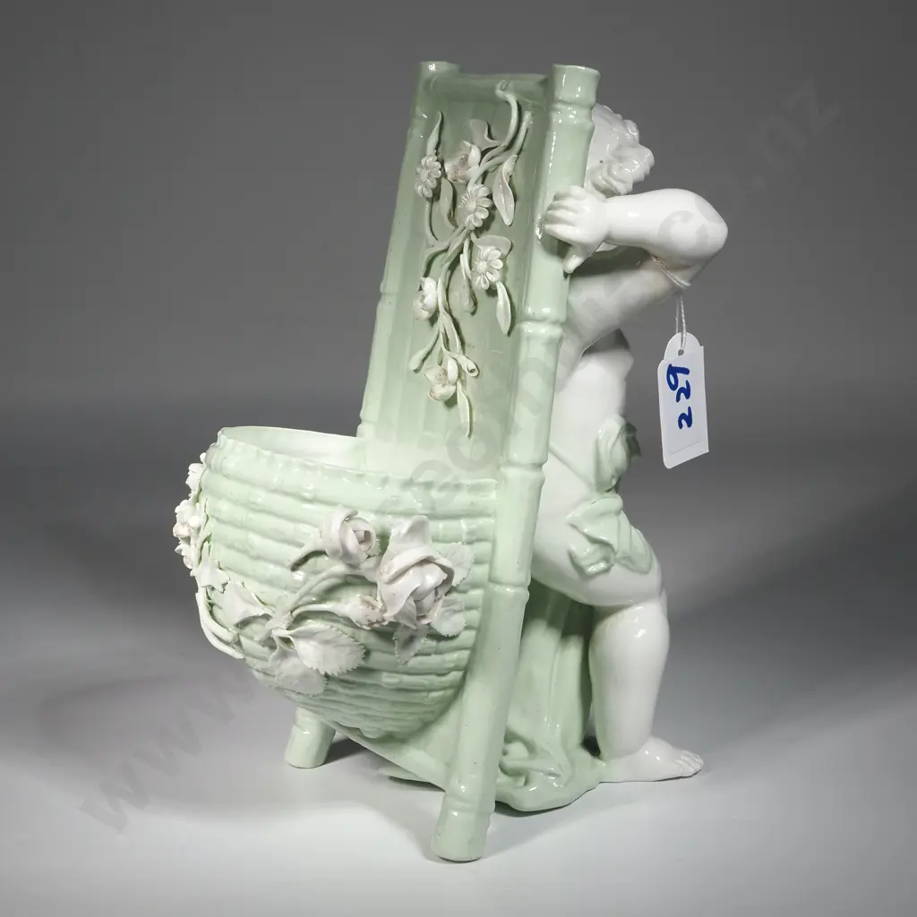 Antique Celadon & White Porcelain Spill Vase In The Form Of A Cherub Carrying A Basket.Possibly Minton Porcelain, Image 1++