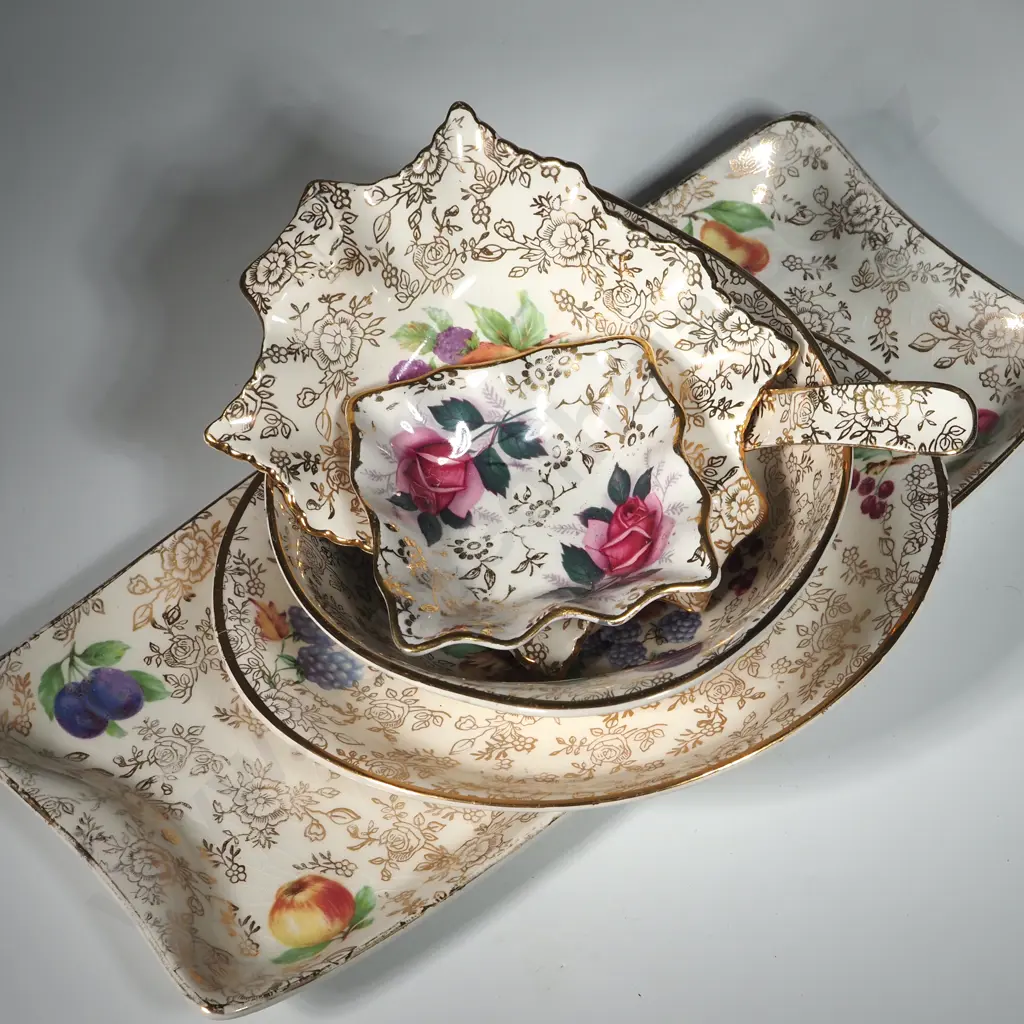 Five Pieces Of Old Foley China In The Allover Pattern & Includes Tray, Sauce Boat & Spoon & Trinket Dishes  Image 1++