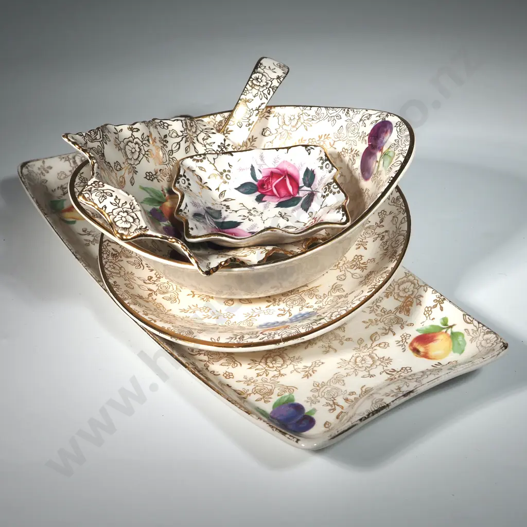 Five Pieces Of Old Foley China In The Allover Pattern & Includes Tray, Sauce Boat & Spoon & Trinket Dishes  Image 1++