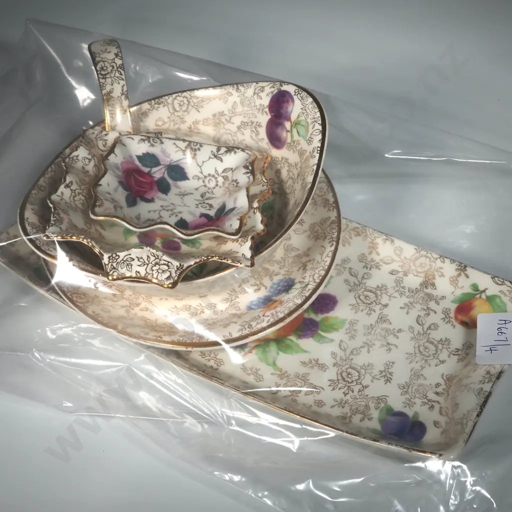 Five Pieces Of Old Foley China In The Allover Pattern & Includes Tray, Sauce Boat & Spoon & Trinket Dishes  Image 1++