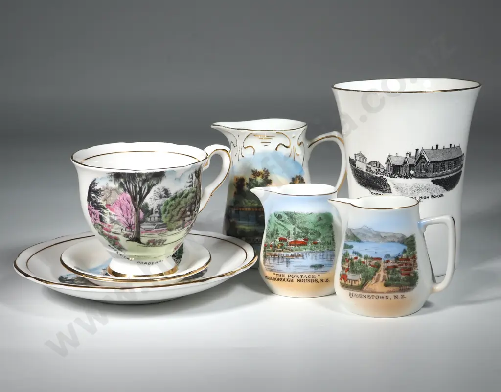 Seven Bone China NZ Souvenirs - Three Jugs, a Vase, a Trinket Plate & Small Cup & Saucer. Image 1++