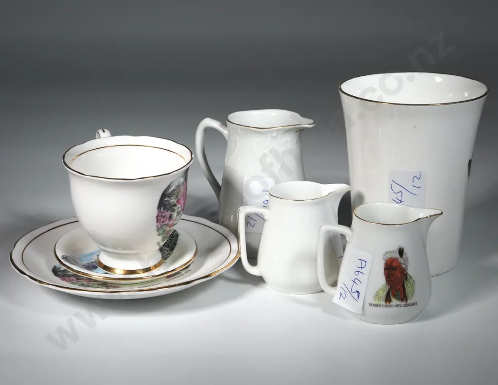 Seven Bone China NZ Souvenirs - Three Jugs, a Vase, a Trinket Plate & Small Cup & Saucer. Image 1++
