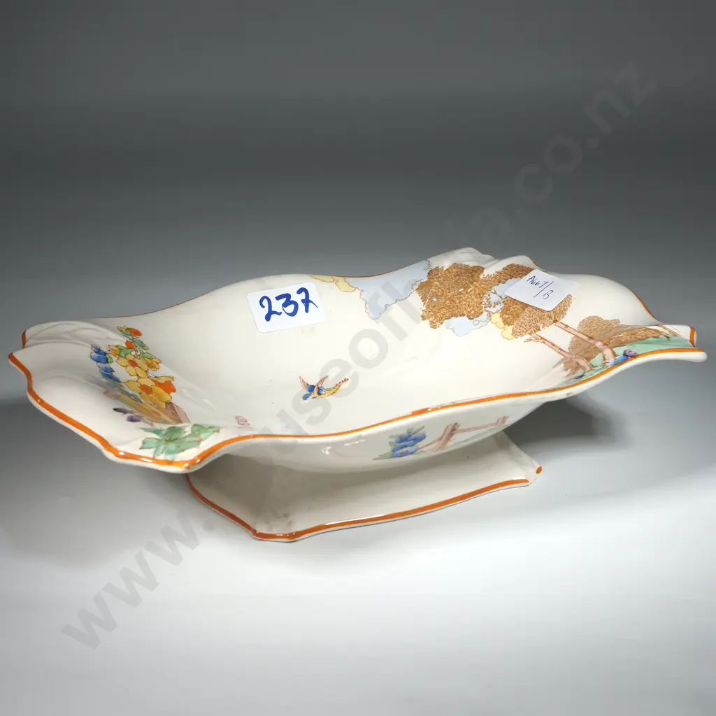 Losol Ware Shaped Cake Plate With Country Scene Of Hollyhocks & Trees  Image 1++