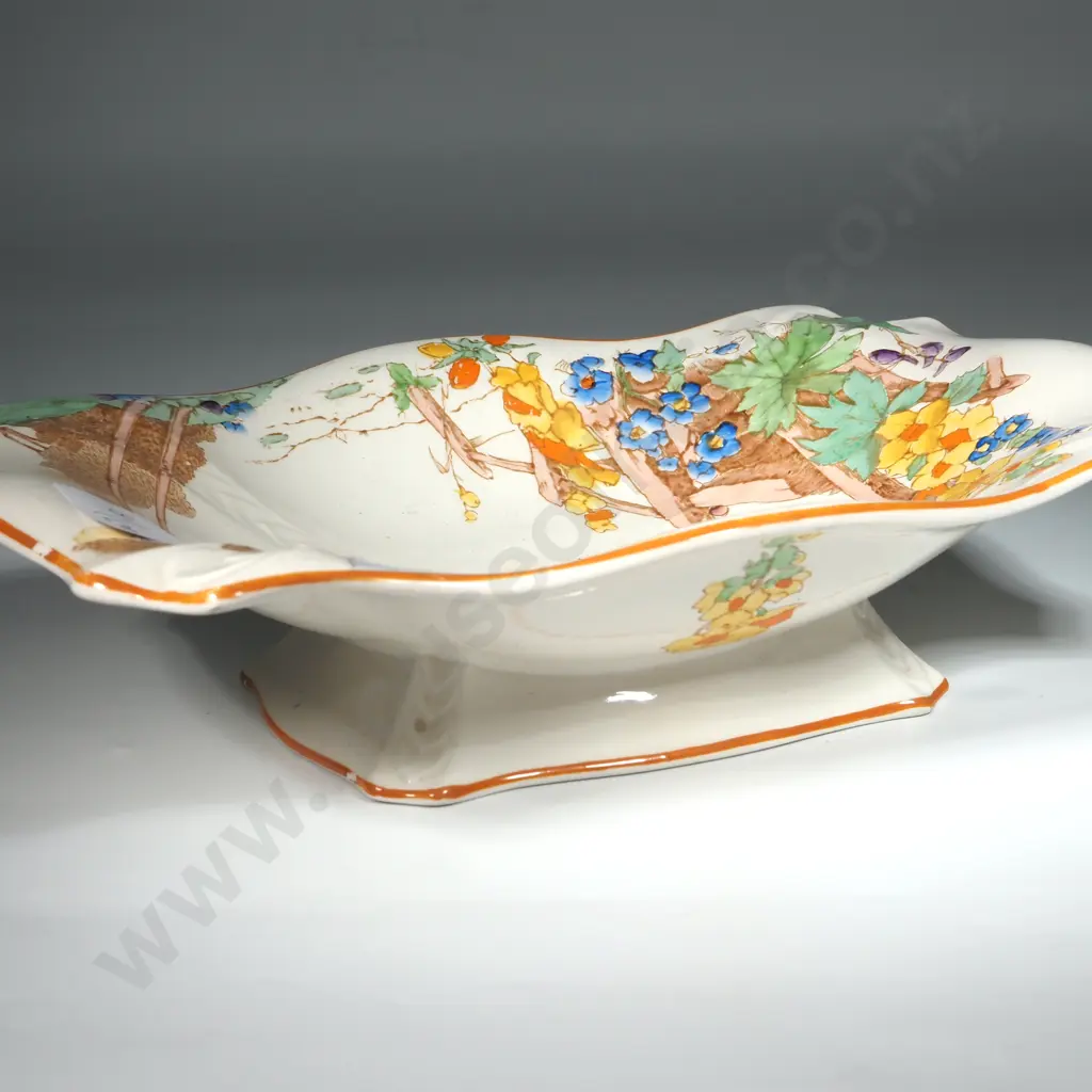 Losol Ware Shaped Cake Plate With Country Scene Of Hollyhocks & Trees  Image 1++