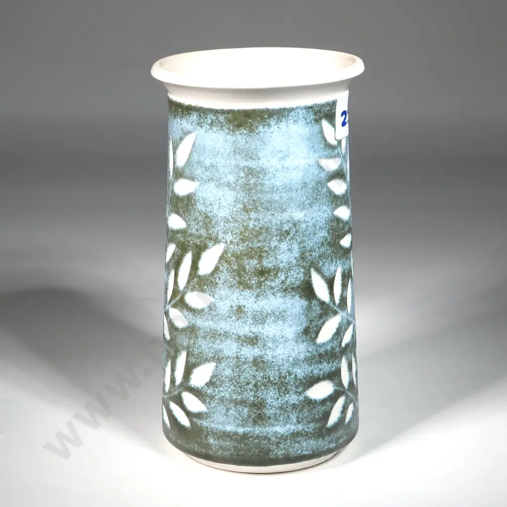 Crown Lynn Ceramica Greenstone Vase - Cream Ground & Leaf Decorations w Teal Blue/Green Background. No: 2037. Image 1++