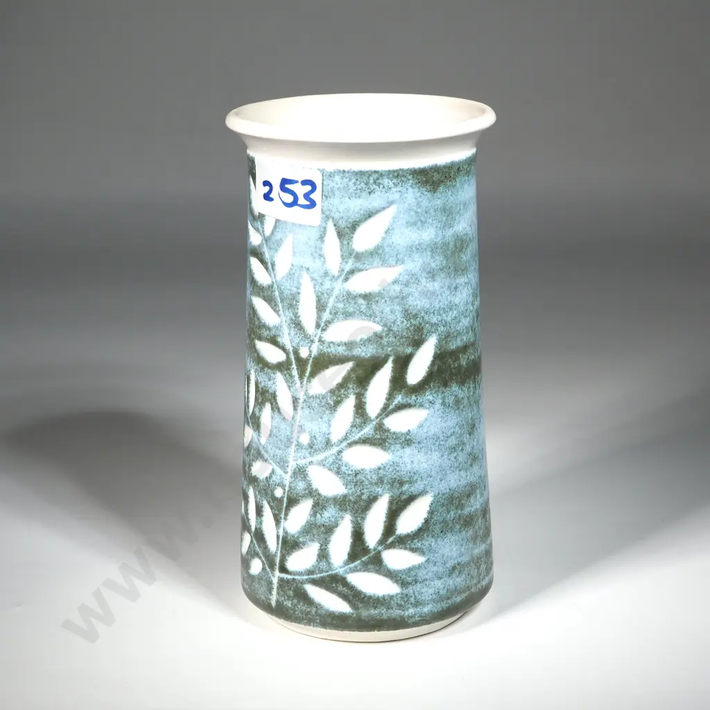 Crown Lynn Ceramica Greenstone Vase - Cream Ground & Leaf Decorations w Teal Blue/Green Background. No: 2037. Image 1++