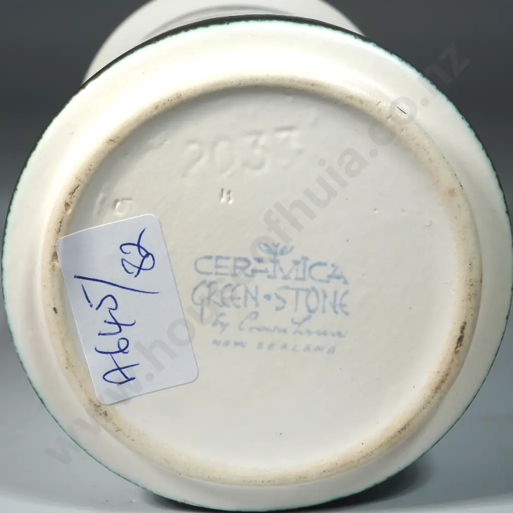 Crown Lynn Ceramica Greenstone Vase - Cream Ground & Leaf Decorations w Teal Blue/Green Background. No: 2037. Image 1++