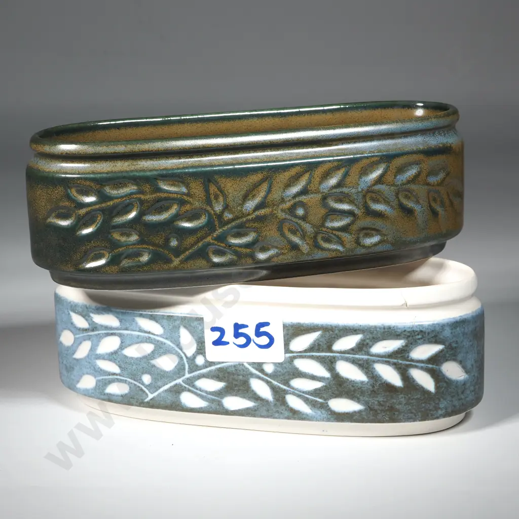 Crown Lynn Ceramica Greenstone Trough - Cream Ground & Leaf Decorations w Teal Blue/Green Background. No:  2037. Image 1++