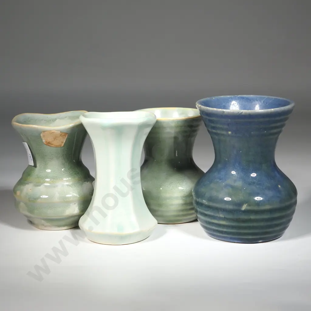 Four Ambrico (Early Crown Lynn) Small Pottery Glazed Vases w Pressed & Stamped Marks. Image 1++