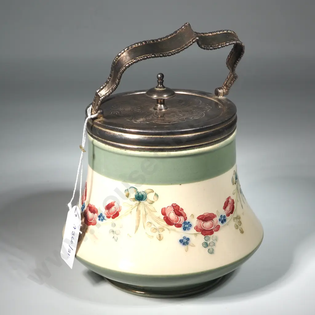 Moorcroft Mcintyre Pottery Biscuit Barrel.Circa 1908.Tube Lined & Decorated In Shades Of Pink/Green In The 18th Pattern Image 1++