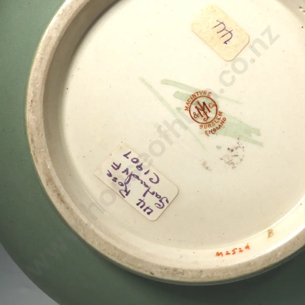 Moorcroft Mcintyre Pottery Biscuit Barrel.Circa 1908.Tube Lined & Decorated In Shades Of Pink/Green In The 18th Pattern Image 1++