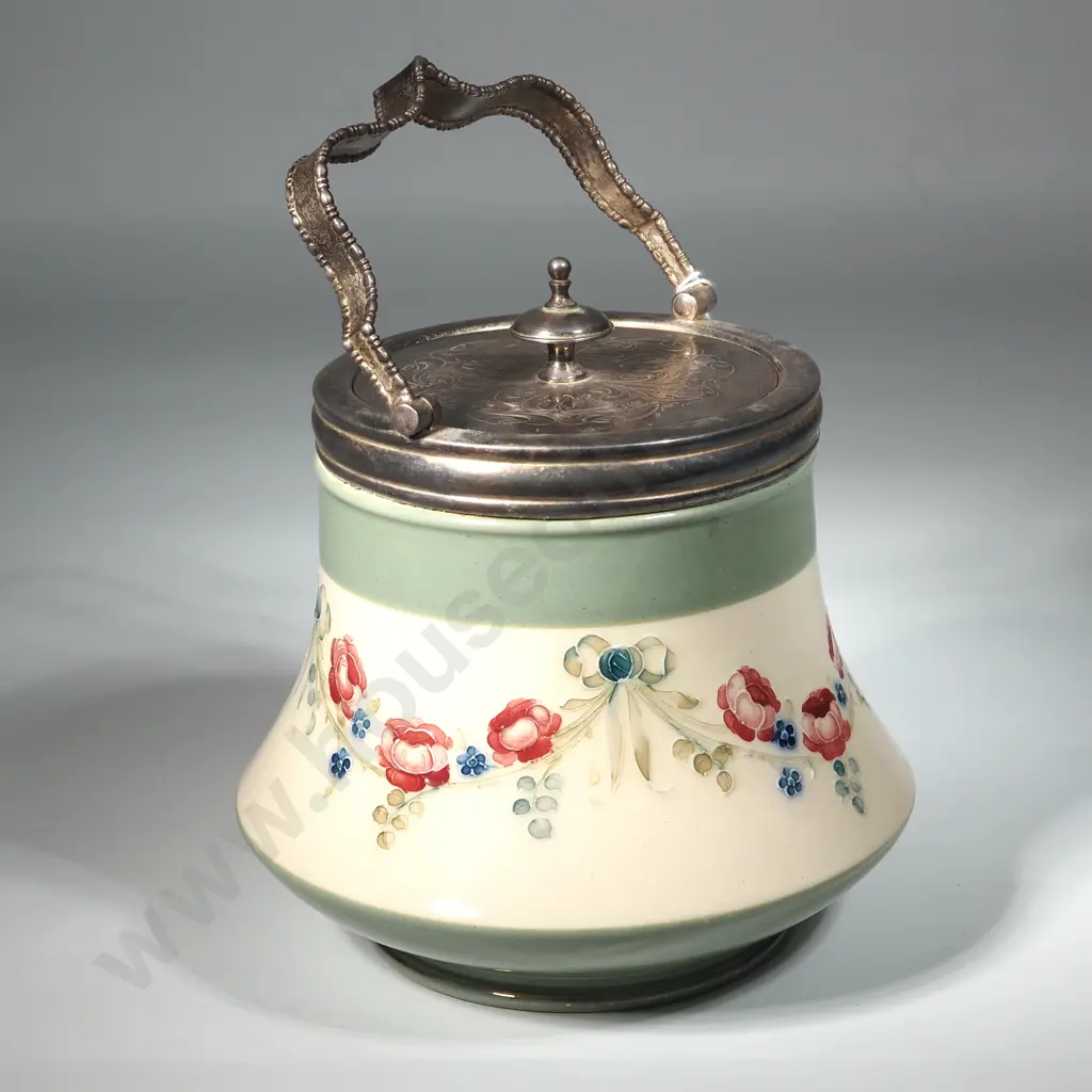 Moorcroft Mcintyre Pottery Biscuit Barrel.Circa 1908.Tube Lined & Decorated In Shades Of Pink/Green In The 18th Pattern Image 1++